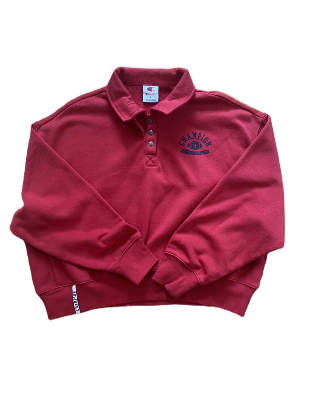 Champion Sweatshirt Women Large Red 1/4 Snap Cropped Pullover Fleece w/ Collar - Picture 3 of 14